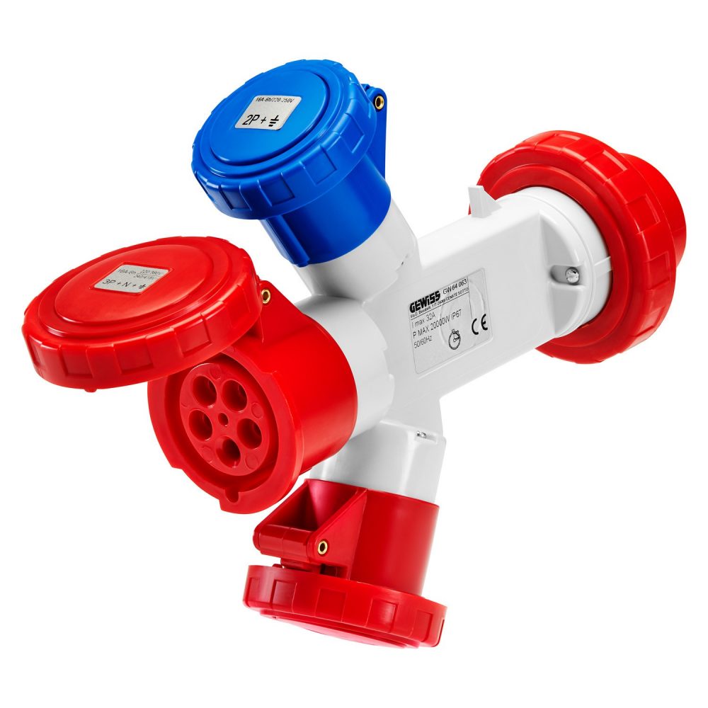 GW64062 - Adaptador estanco ip67 con clavija 2p+t 32a 230v ca 50/60hz - 3 bases 2p+t 16a 230v ca Gewiss