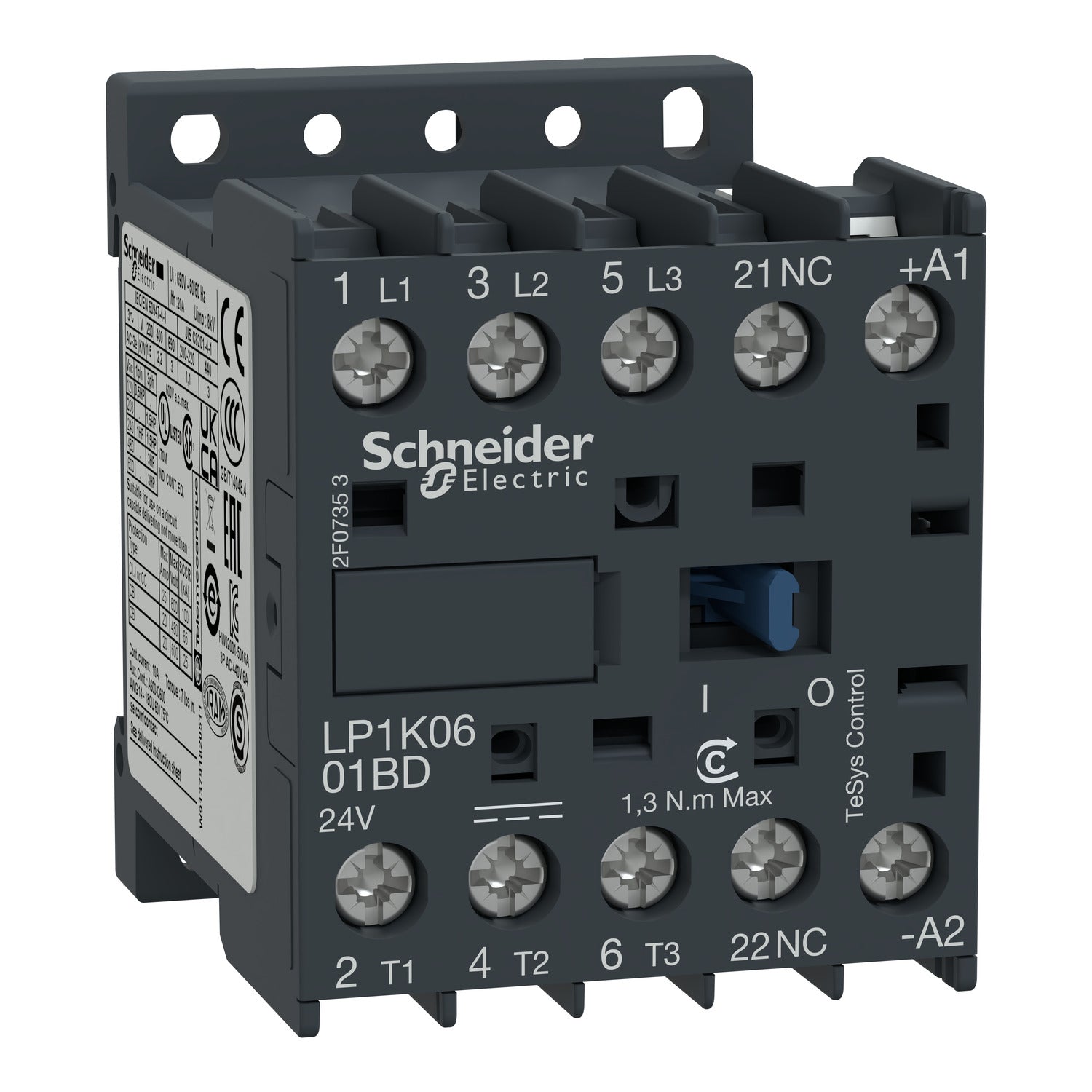 LP1K0601BD - Contactor TeSys K - 3P(3 NA) - AC-3 - <= 440 V 6 A - 24 V bobina CC Schneider