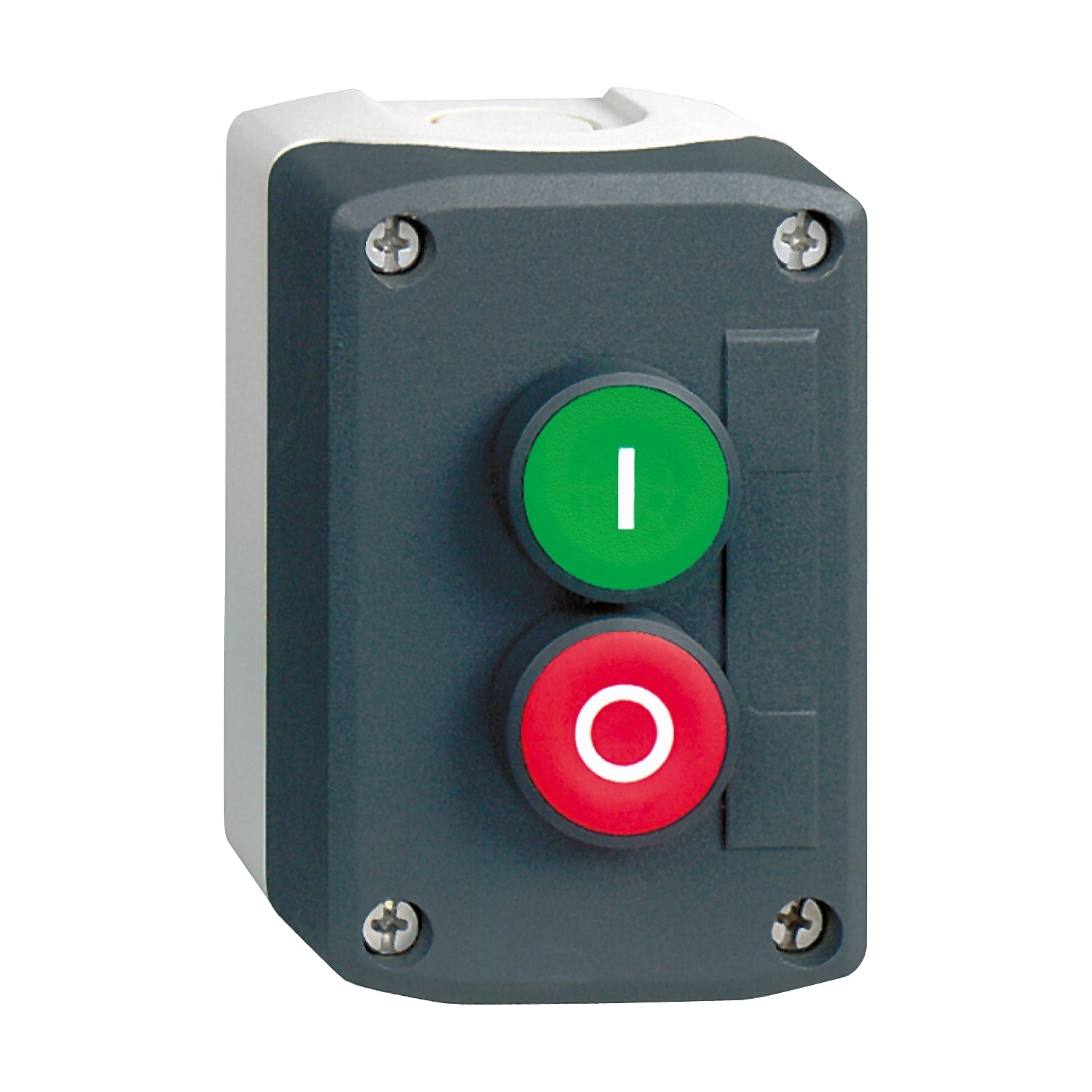 XALD213 - Estación de control plástico Harmony XALD XALK tapa gris oscuro 2 pulsadores rasantes ø 22 marcado i/o 1 na + 1 nc Schneider